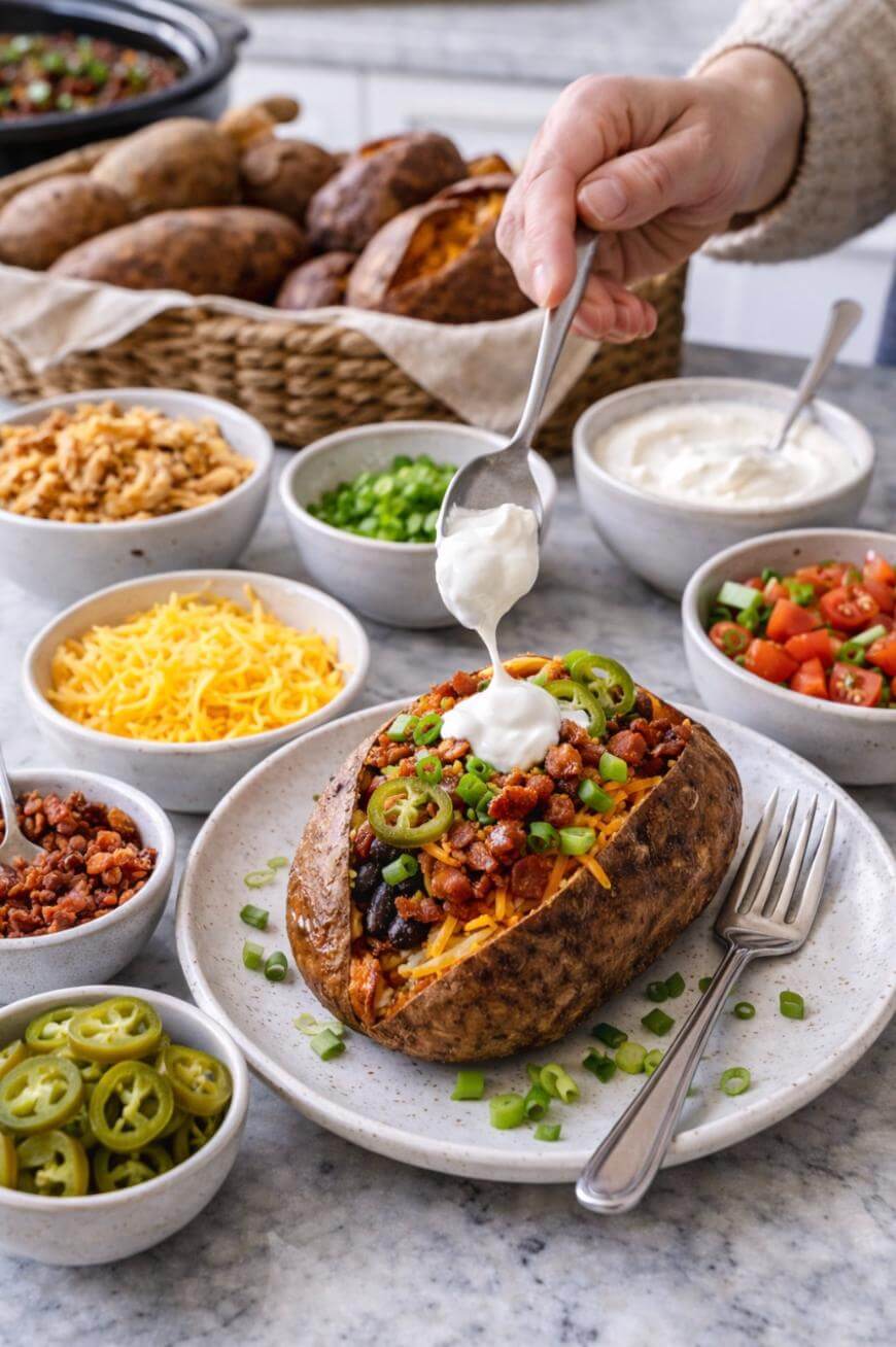 A hand spoons sour cream onto a loaded baked potato topped with chili, cheese, jalapenos, and green onions. Surrounding the plate are bowls of toppings like shredded cheese, diced green onions, pico de gallo, and sliced jalapenos.
