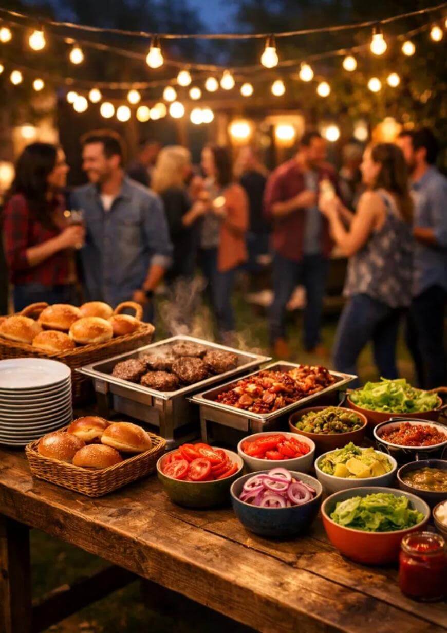 A wooden table is set with burger buns, grilled meats, and bowls of toppings at an outdoor evening gathering. Blurred people mingle in the background under string lights.