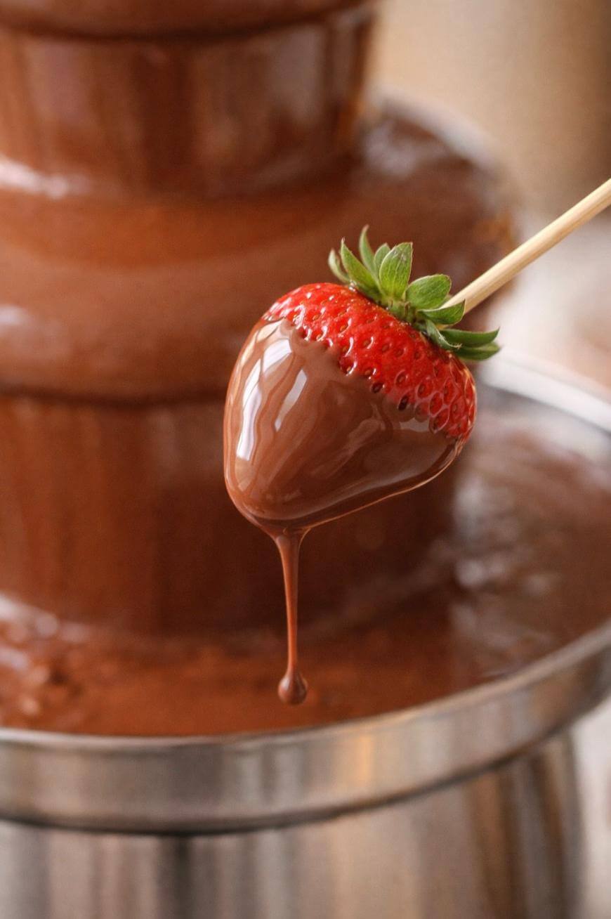 A fresh strawberry on a wooden skewer is coated in flowing chocolate from a chocolate fountain, with chocolate dripping off the berry.