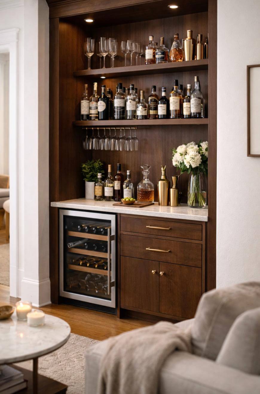 A stylish home bar with wooden shelves holding liquor bottles, glassware, and gold bar tools, a marble countertop with flowers and a decanter, and a built-in wine fridge below.