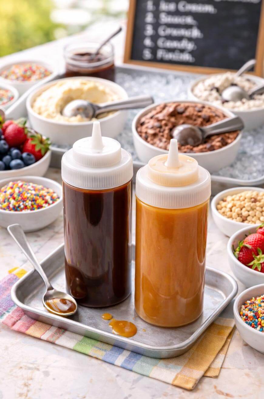 Two squeeze bottles of chocolate and caramel sauce on a metal tray with a spoon, surrounded by bowls of ice cream, sprinkles, berries, and other toppings on a colorful cloth.