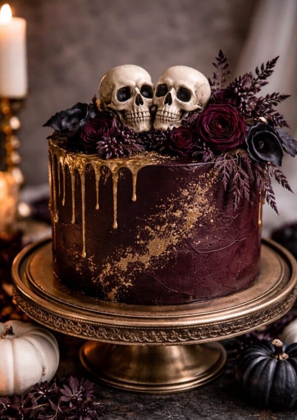 A dark chocolate cake with gold drips and gold splatter, topped with two realistic skull decorations, deep burgundy flowers, and dark leaves, sits on a gold cake stand surrounded by small white and black pumpkins.