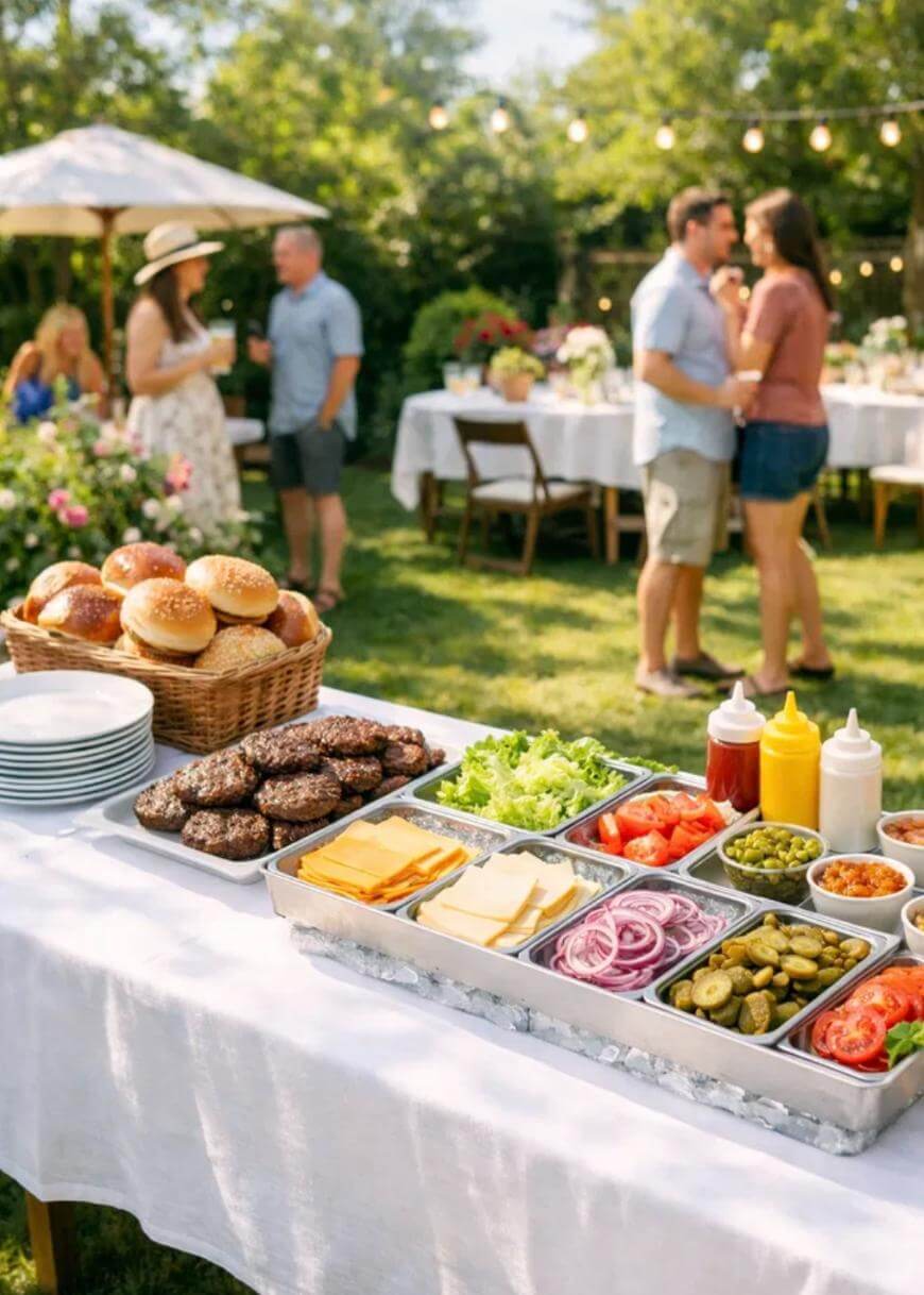 A picnic-style outdoor party with a buffet table set with burger toppings, buns, condiments, and cheese. People stand and chat in the background on a sunny day, surrounded by trees and string lights.