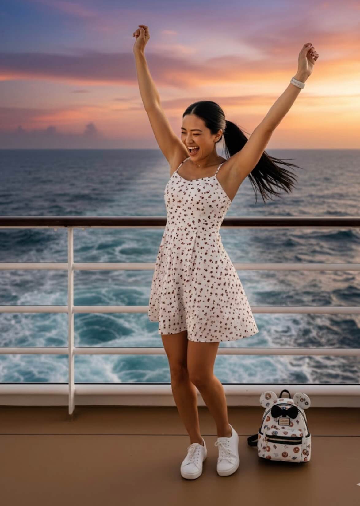 A woman in a white patterned dress stands on a cruise ship deck, smiling with her arms raised. Ocean waves and a colorful sunset are in the background. A white backpack sits on the deck beside her.