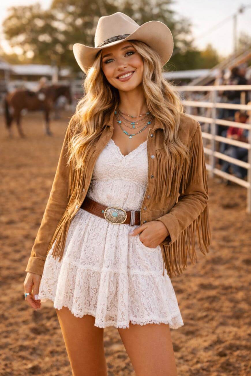 A smiling woman in a tan cowboy hat, brown fringed jacket, white lace dress, and turquoise jewelry stands outdoors at a rodeo, with horses and a metal fence in the background.
