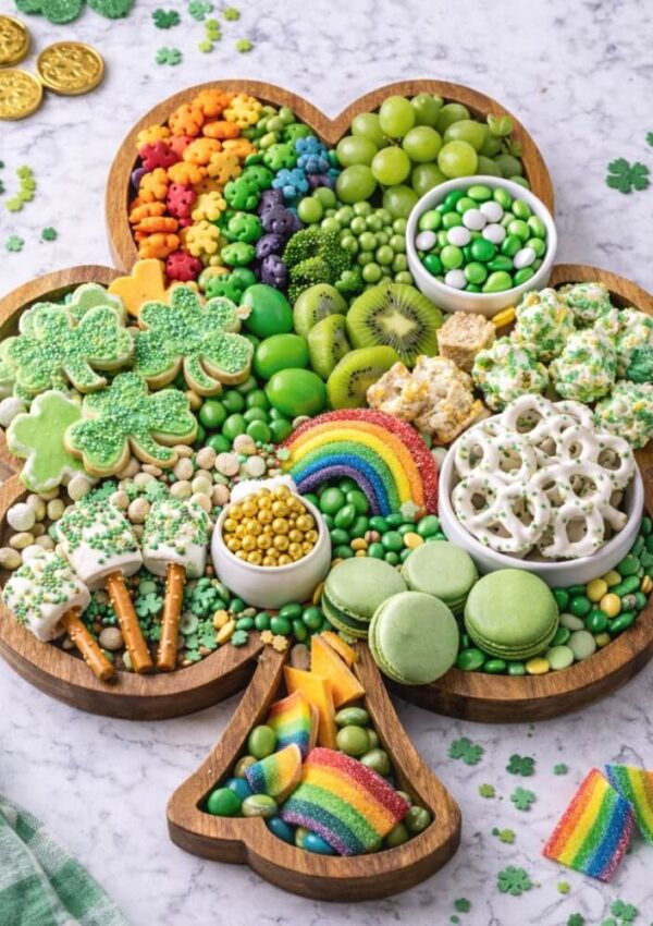 A shamrock-shaped platter filled with festive St. Patrick’s Day treats, including green cookies, macarons, grapes, pretzels, rainbow candies, popcorn, and chocolate coins, arranged on a marble surface.