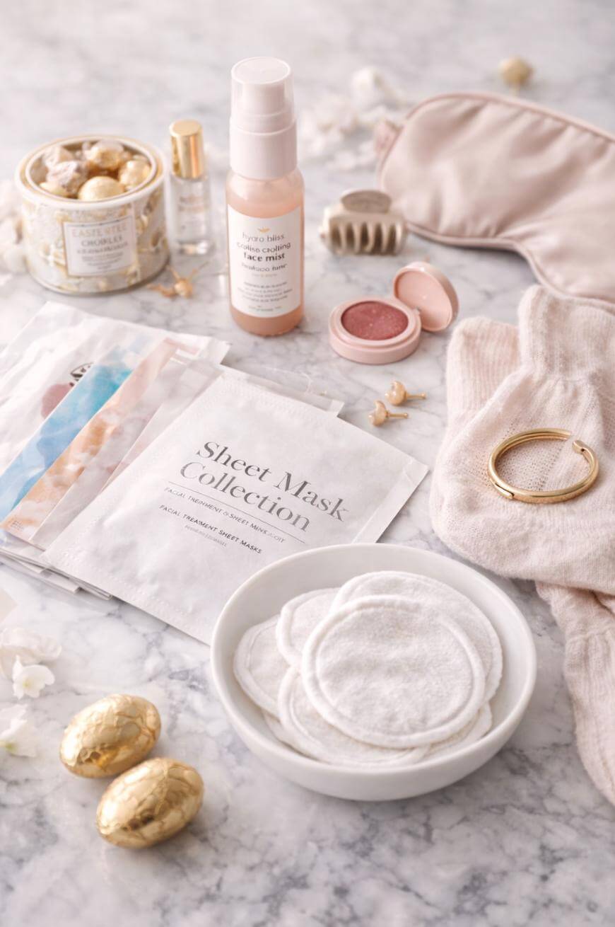 A flat lay of skincare items on a marble surface, including sheet masks, cotton pads, a pink sleep mask, a face mist, lip balm, a gold bracelet, gold-wrapped chocolates, and soft pink knitwear.
