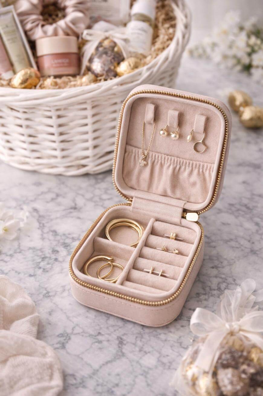 A small beige jewelry box with a zipper, open to reveal gold rings, earrings, and a necklace inside. The box sits on a marble surface with gift baskets and soft decorative items around it.