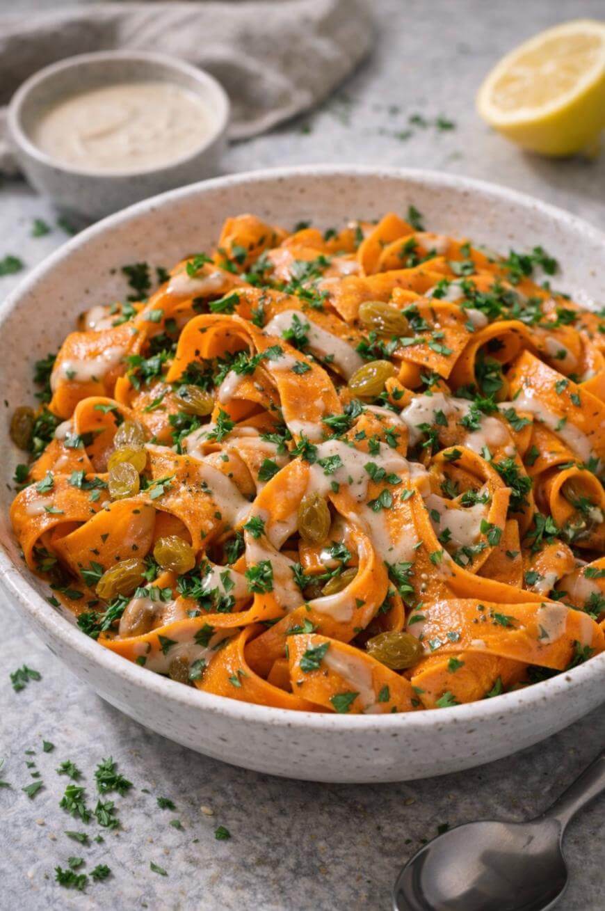 A bowl of carrot ribbon salad topped with chopped herbs, golden raisins, and a creamy dressing, with a lemon half and a small bowl of extra dressing in the background.