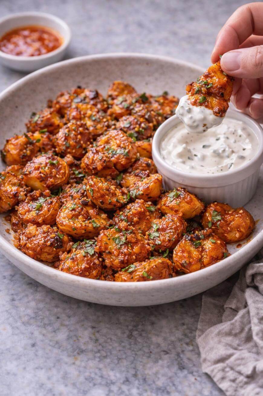 A large bowl filled with crispy, seasoned cauliflower bites garnished with herbs. A hand dips one piece into a small bowl of creamy white sauce; another bowl of red sauce is in the background.