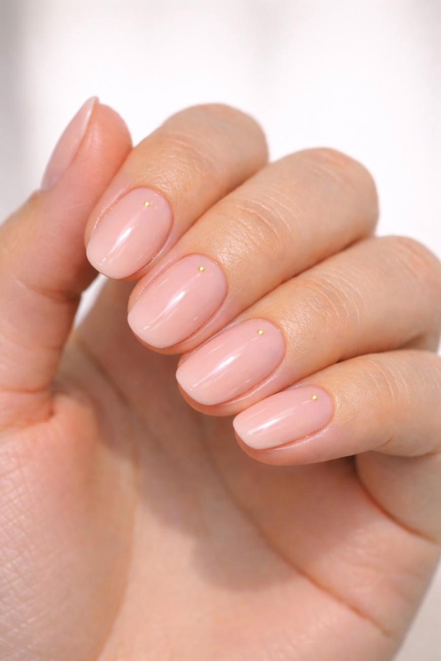 A hand with neatly manicured nails painted in a light nude pink polish, each nail featuring a small gold dot near the cuticle.