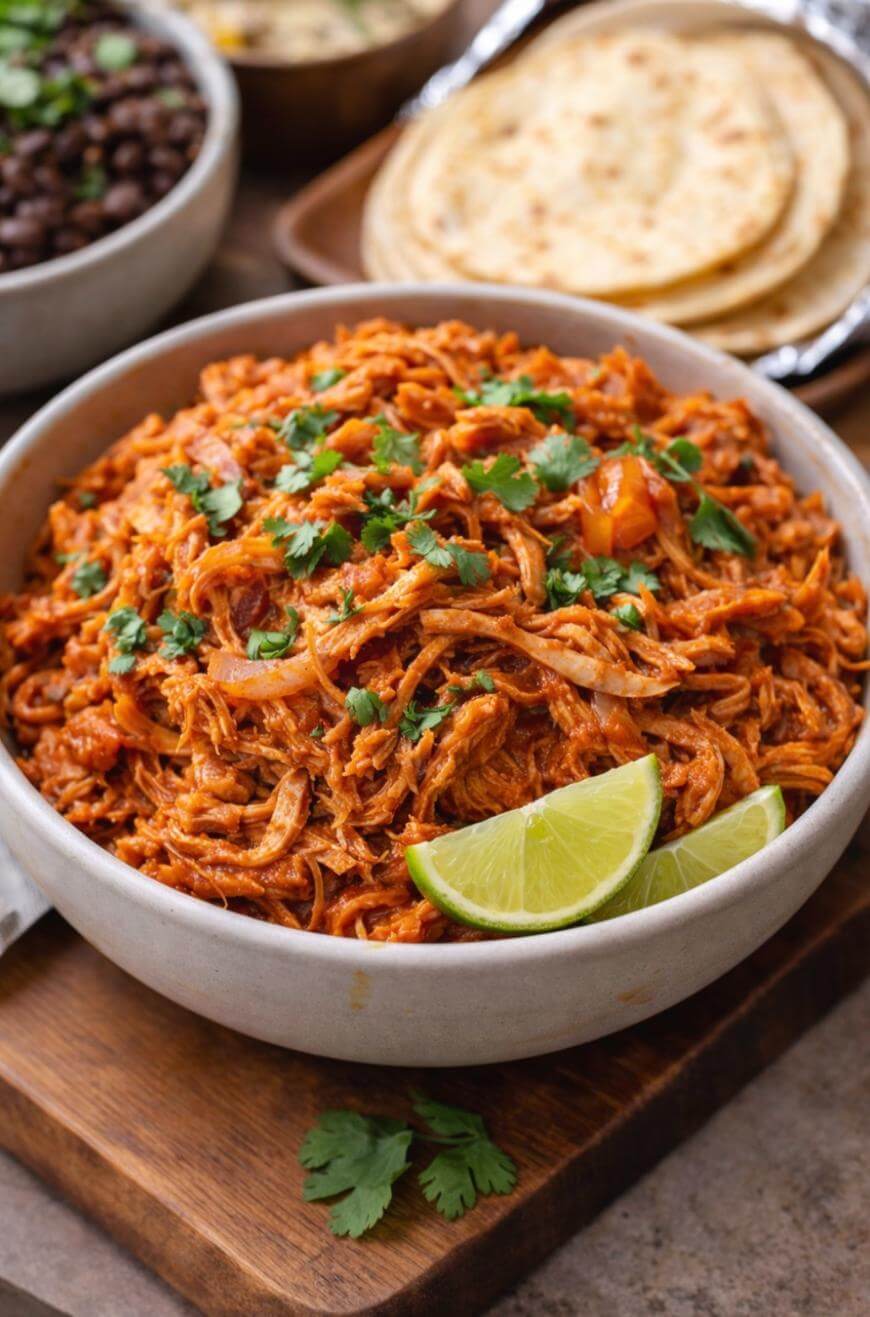 A bowl of shredded chicken in a red sauce, garnished with fresh cilantro and lime wedges, sits on a wooden board. In the background are bowls of black beans and tortillas.