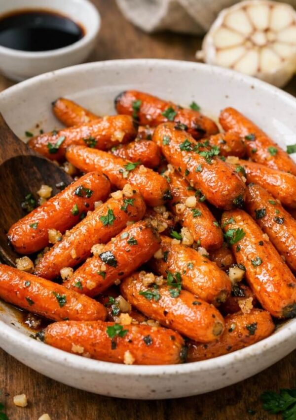 A bowl of roasted baby carrots garnished with chopped parsley and minced garlic, with a wooden spoon resting on the side. A halved garlic bulb and a small bowl of dark sauce are in the background.