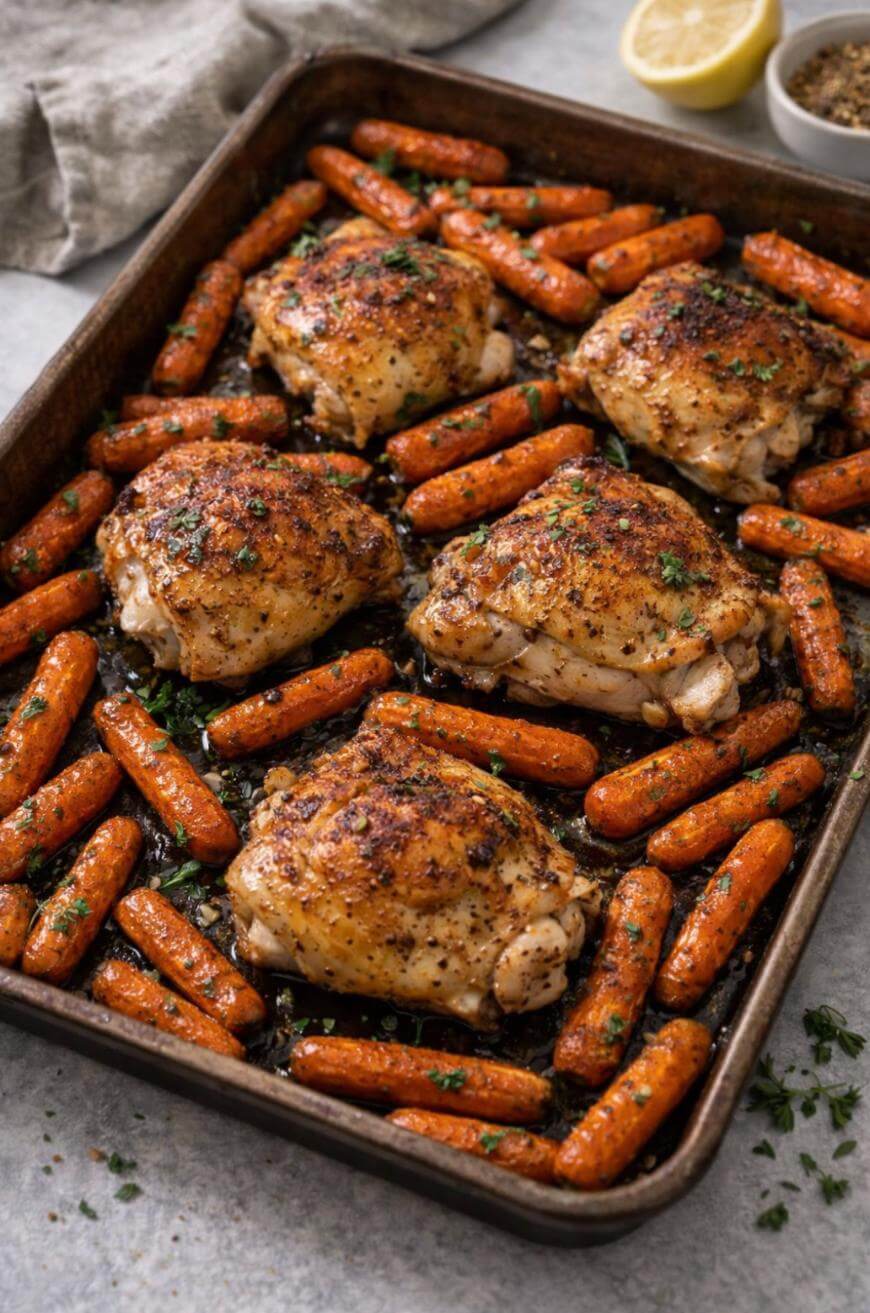 A sheet pan filled with five seasoned baked chicken thighs surrounded by roasted baby carrots, garnished with chopped herbs. A lemon half and a small bowl of spices are visible in the background.