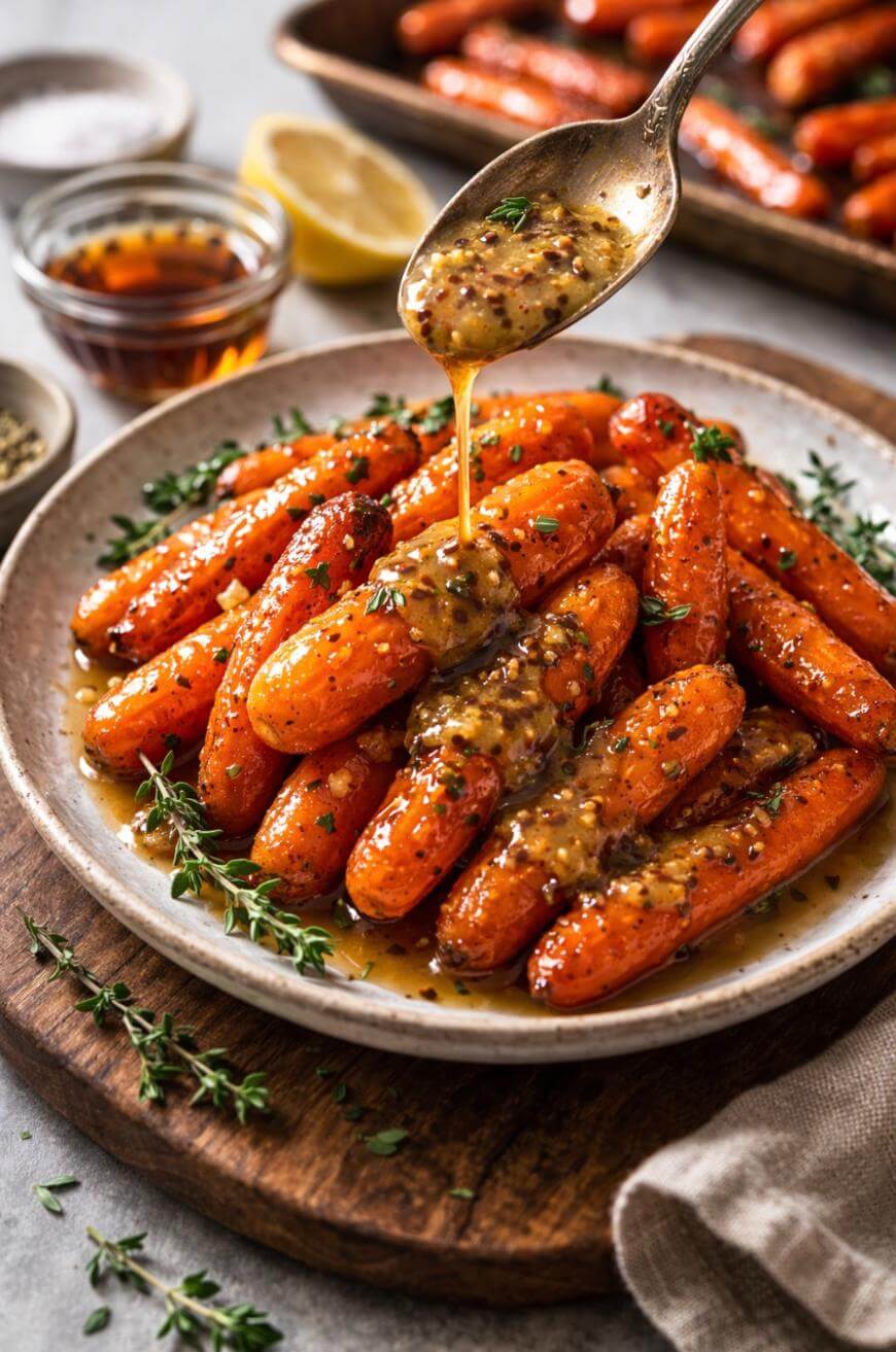 A plate of roasted baby carrots is topped with a drizzle of grainy mustard sauce from a spoon, garnished with fresh thyme, with seasonings and herbs visible in the background.