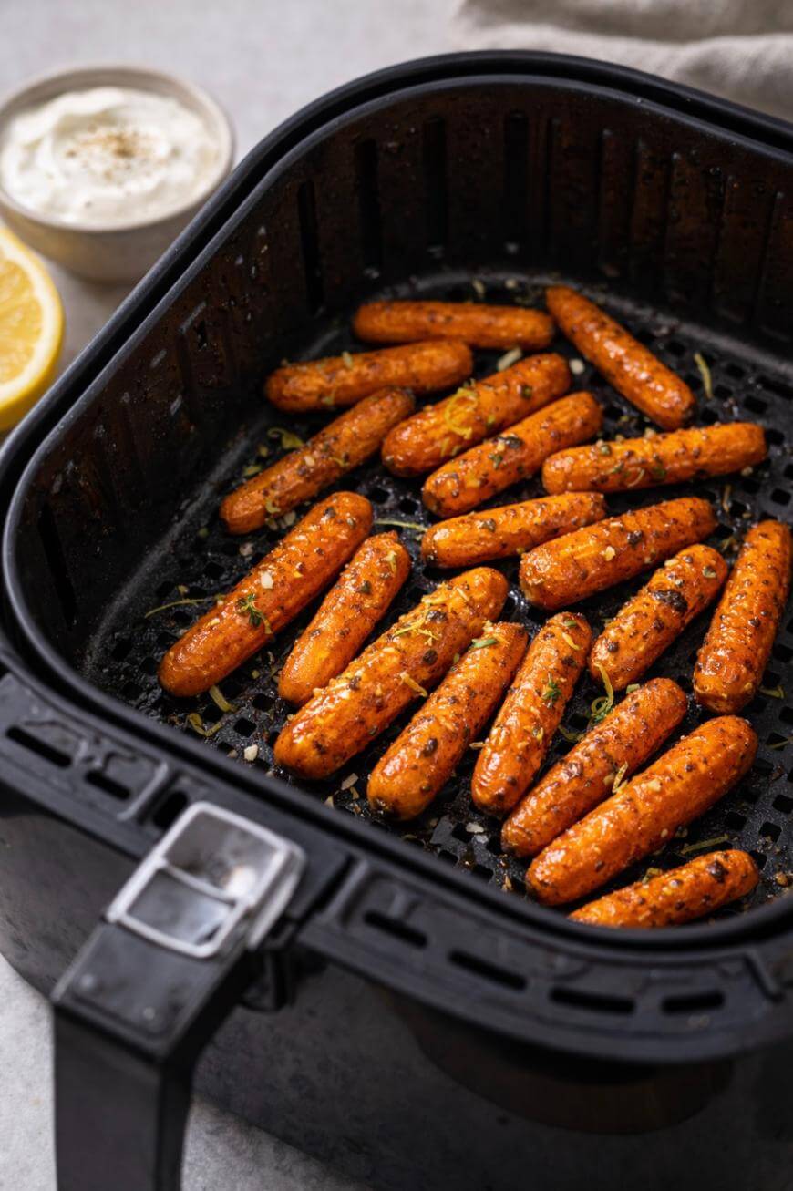 Baby carrots seasoned with herbs and spices are roasted in an air fryer basket. A small bowl of dip and a lemon slice are visible in the background on a light surface.
