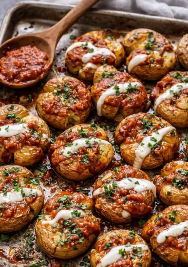 A baking tray filled with smashed roasted potatoes topped with red tomato-based sauce, white drizzle of sour cream, and chopped fresh herbs. A wooden spoon with extra sauce rests on the tray.