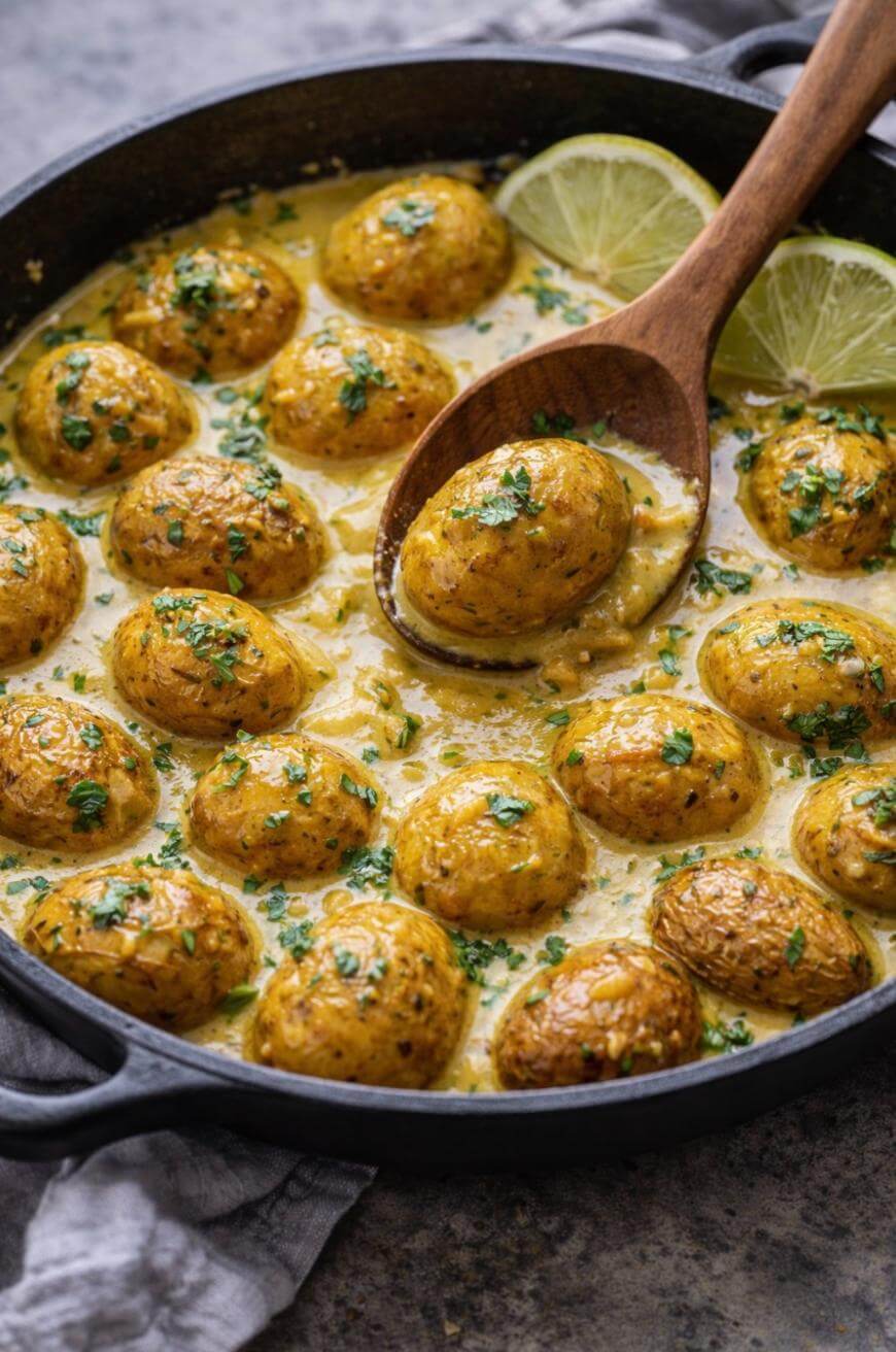 A skillet filled with golden roasted baby potatoes in a creamy yellow sauce, garnished with chopped herbs, with a wooden spoon lifting one potato and lime slices on the side.