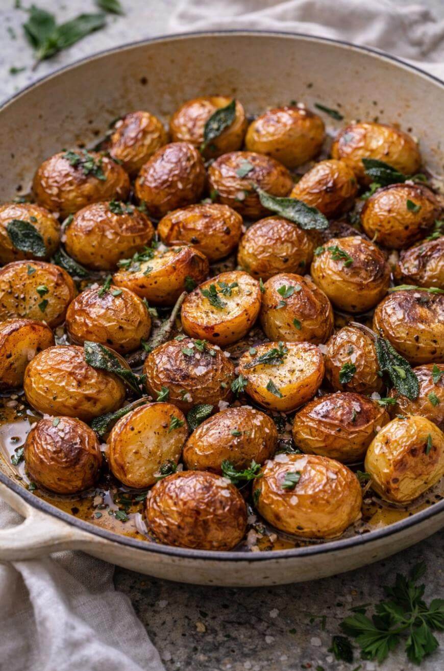A round dish filled with golden-brown roasted baby potatoes garnished with fresh herbs and cracked black pepper, set on a light surface with a beige cloth nearby.