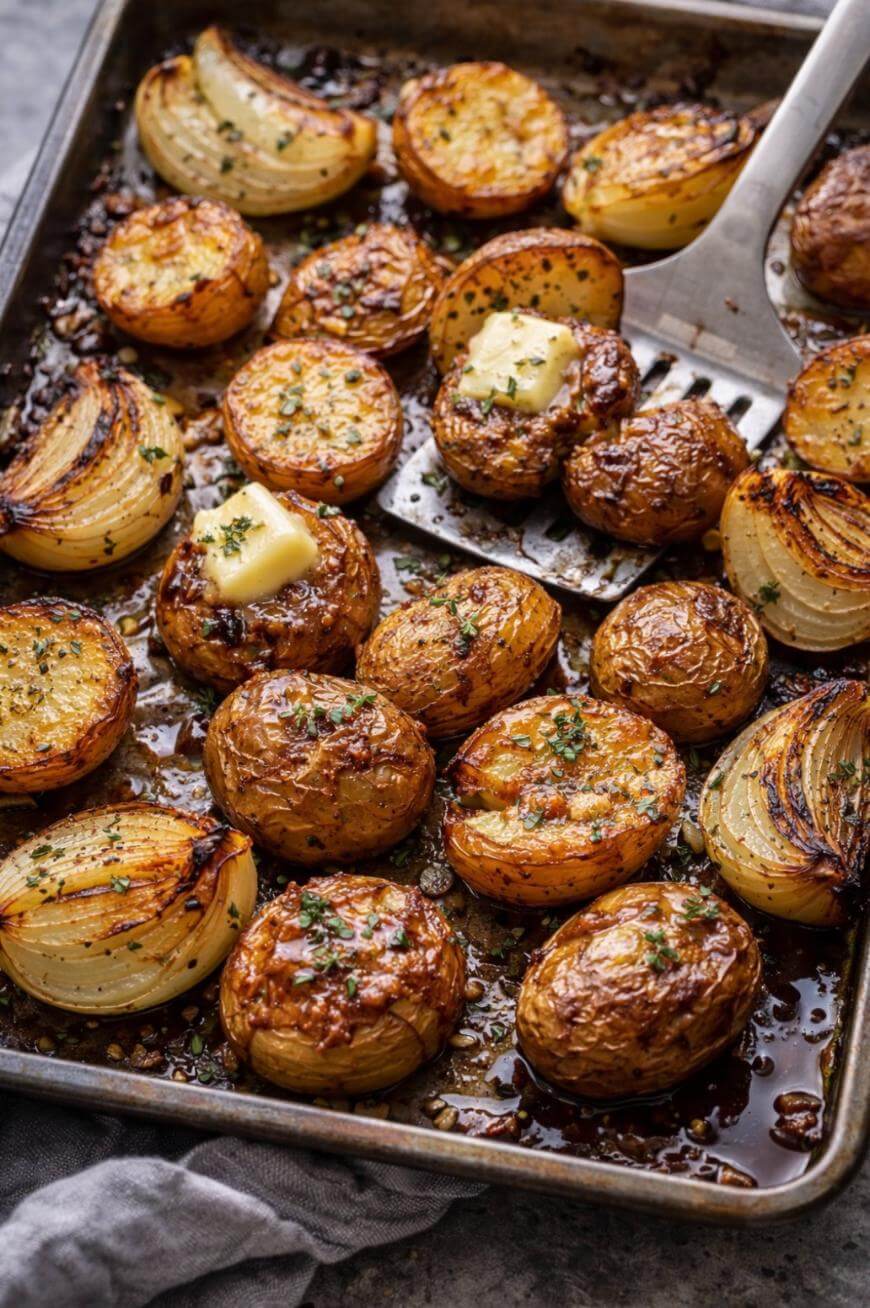 Golden roasted potatoes and onions on a baking sheet, garnished with chopped herbs. Some potatoes have melting pats of butter on top, and a spatula is lifting a few pieces.