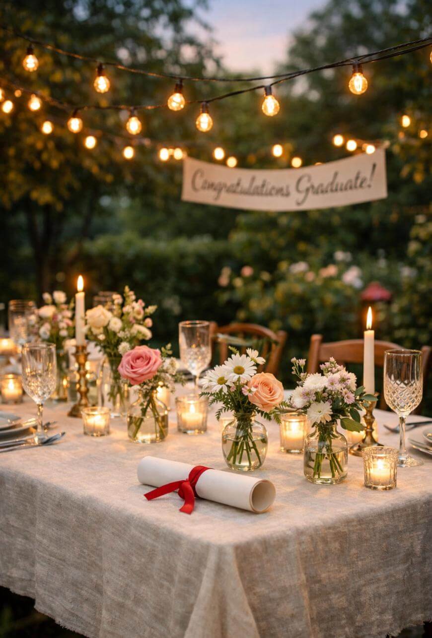 Elegant outdoor table set for a graduation celebration, decorated with flowers, candles, glassware, a rolled diploma with a red ribbon, and string lights, with a “Congratulations Graduate!” banner in the background.