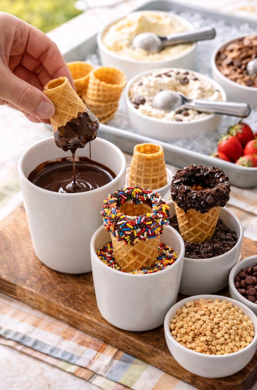 A hand dips a waffle cone into melted chocolate. Nearby are waffle cones with chocolate and sprinkles, bowls of ice cream, and small bowls of various toppings on a wooden board.