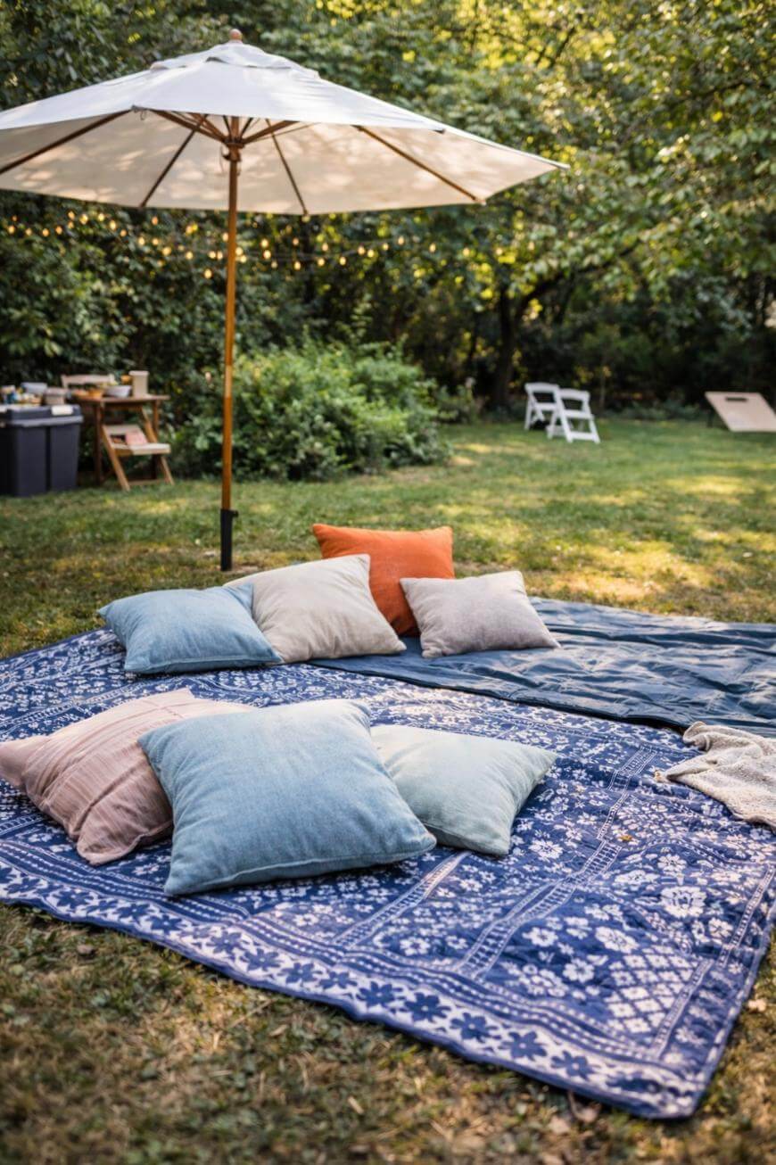 A cozy outdoor setting with colorful pillows on patterned blankets laid on grass, under a large white umbrella. Trees and string lights are in the background, with chairs and tables scattered around.