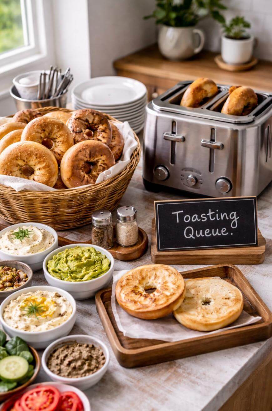 A breakfast setup with a basket of bagels, a toaster, a chalkboard sign reading Toasting Queue, various spreads, and fresh toppings like tomatoes, cucumbers, and greens on a kitchen counter.