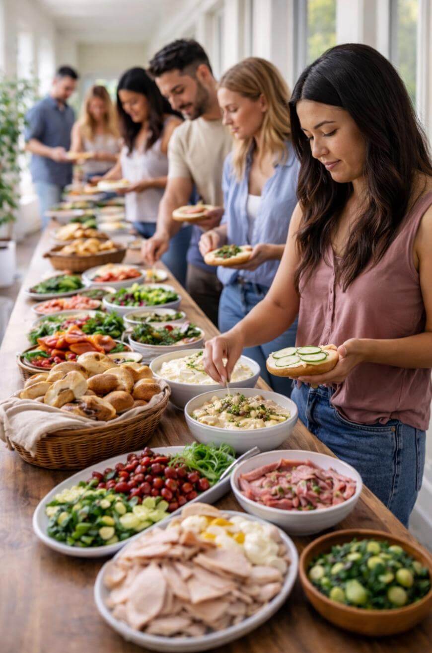 A group of people serves themselves food from a long buffet table filled with salads, breads, fruits, cold cuts, and various fresh dishes in a bright, sunlit room.