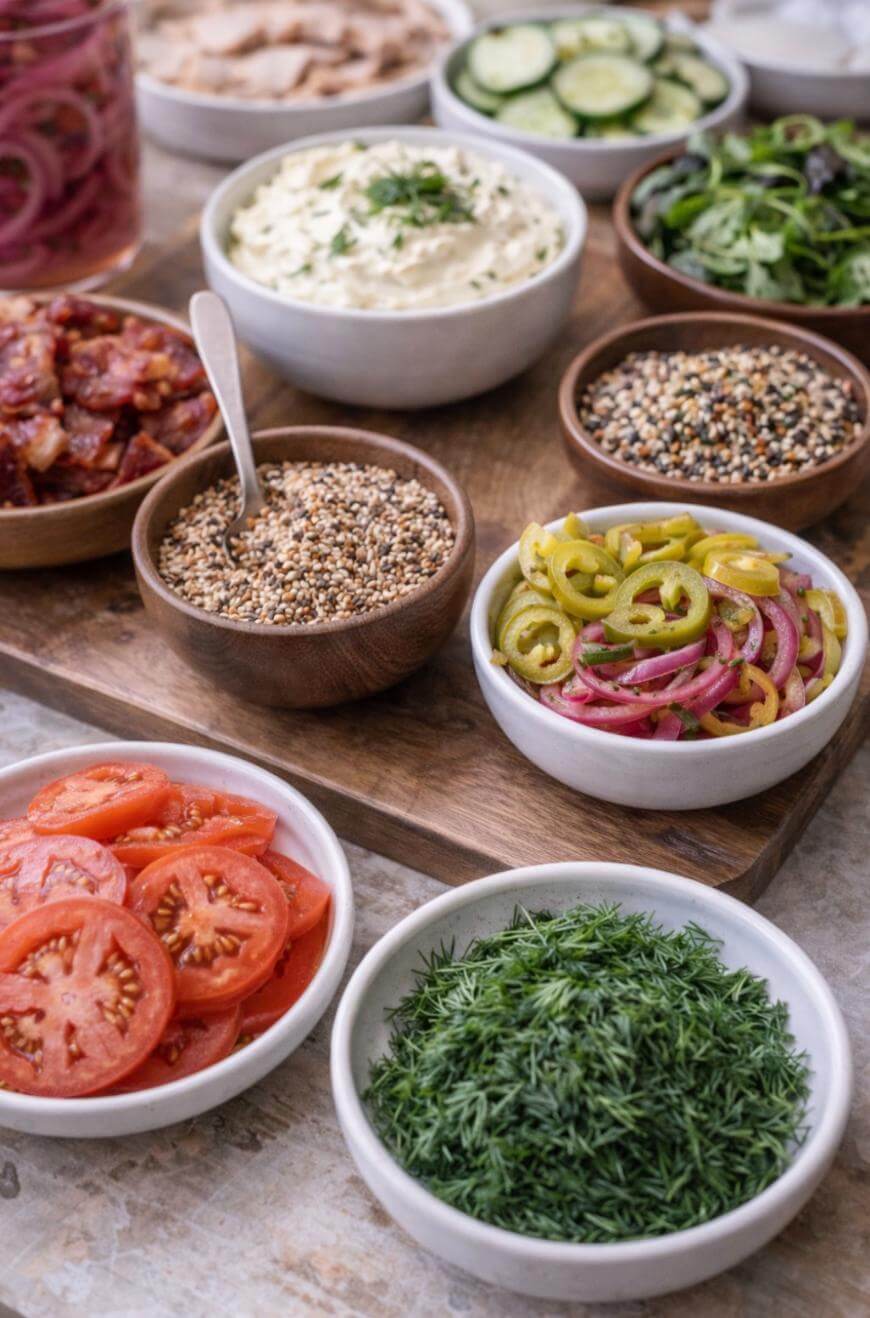 A wooden board with bowls of assorted bagel toppings, including sliced tomatoes, fresh dill, mixed seeds, sliced peppers with onions, diced bacon, hummus, cucumbers, leafy greens, and pickled onions.