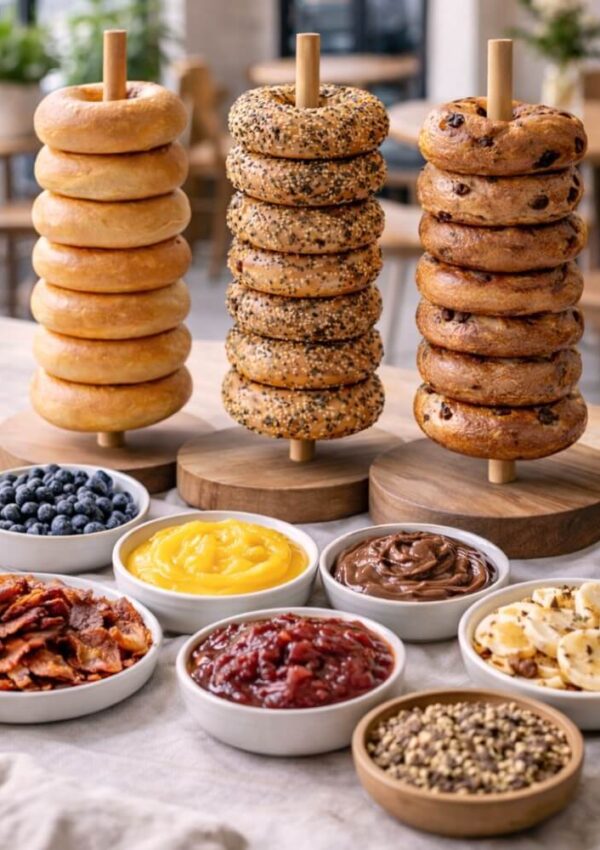 Three wooden bagel stands hold stacks of plain, everything, and raisin bagels. In front, bowls hold blueberries, bacon, lemon curd, chocolate spread, jam, banana slices, and chopped nuts on a wooden table.
