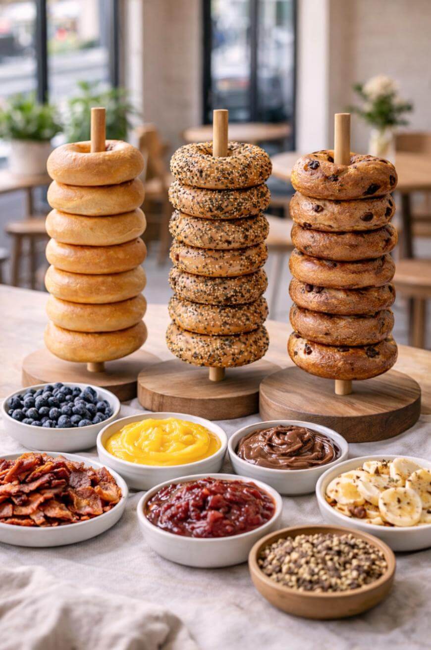 Three wooden stands holding stacks of bagels—plain, everything, and raisin—are displayed on a table with bowls of toppings including berries, jams, spreads, bacon, and sliced bananas in a bright café setting.