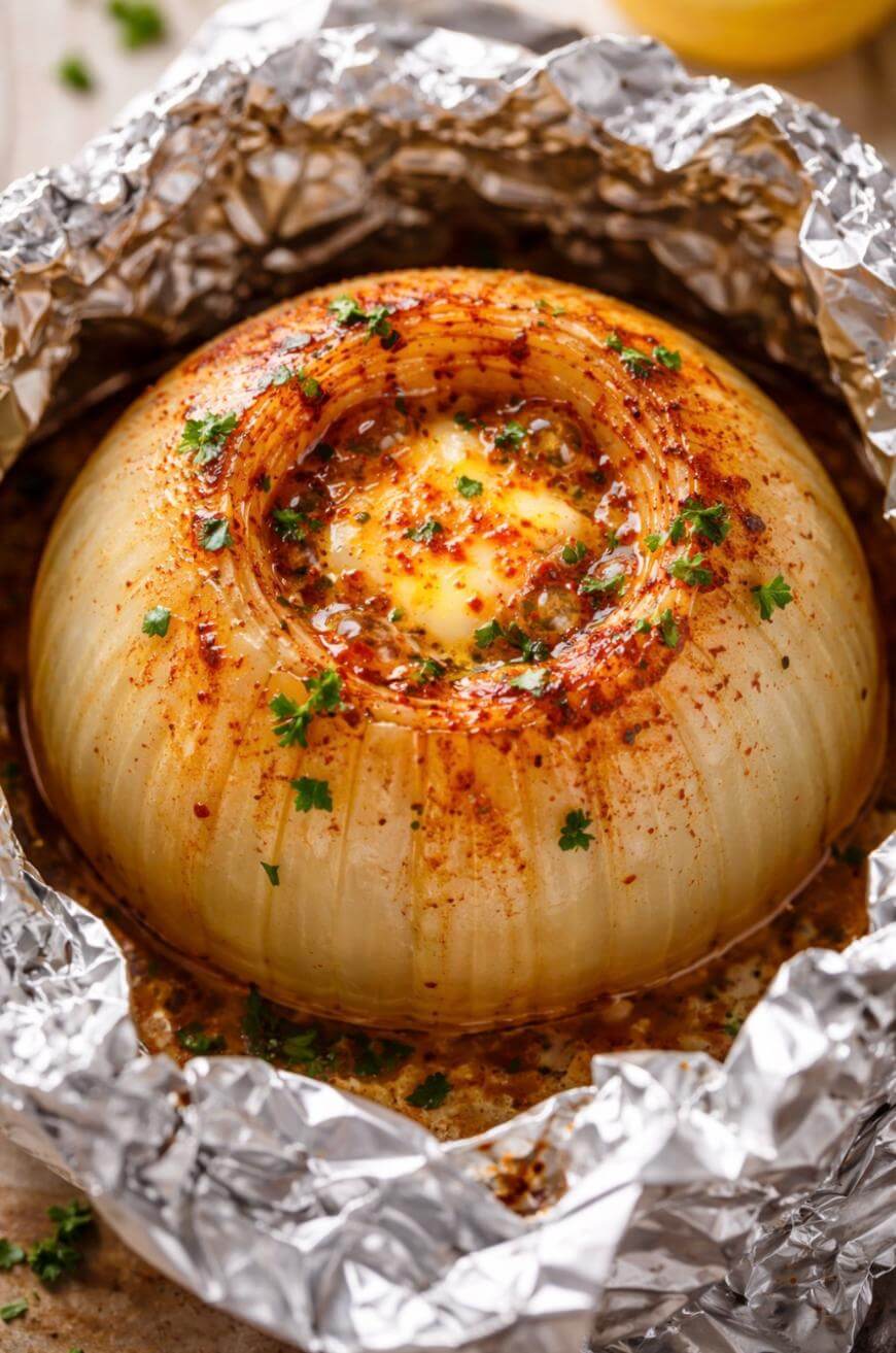 A whole onion baked in foil, topped with melted butter, herbs, and spices, with chopped parsley sprinkled on top. The onion is surrounded by seasoned juices in the foil.