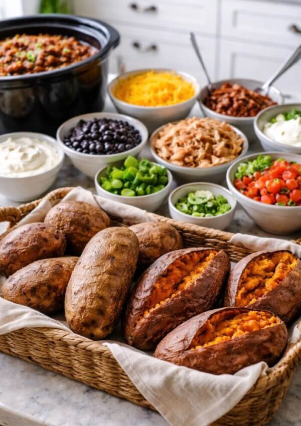 A basket of baked potatoes with split tops is in the foreground, surrounded by bowls of various toppings including shredded cheese, beans, sour cream, green onions, tomatoes, bacon, and a pot of chili.