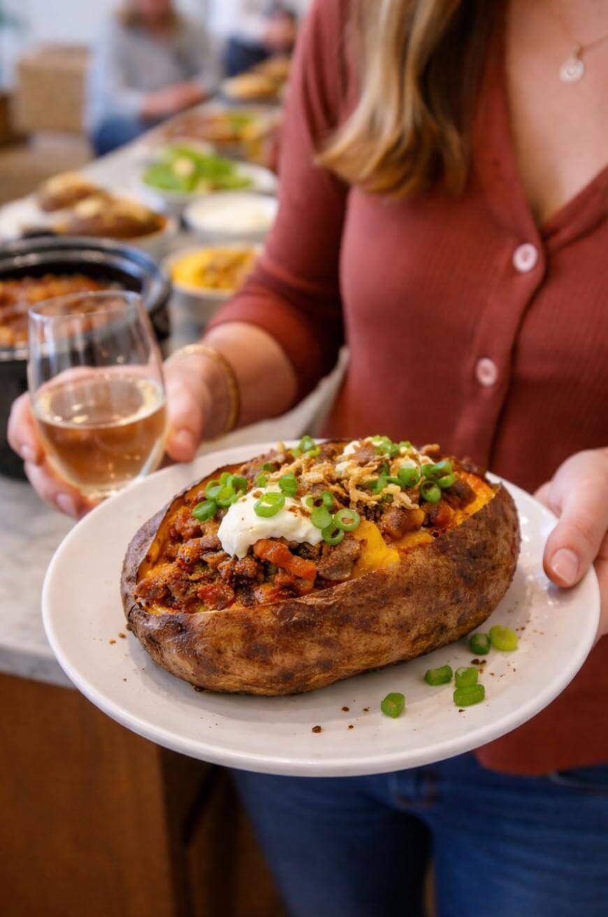 A person in a rust-colored shirt holds a plate with a loaded baked potato topped with sour cream, bacon, and green onions, and a glass of white wine. There are blurred dishes on a counter in the background.