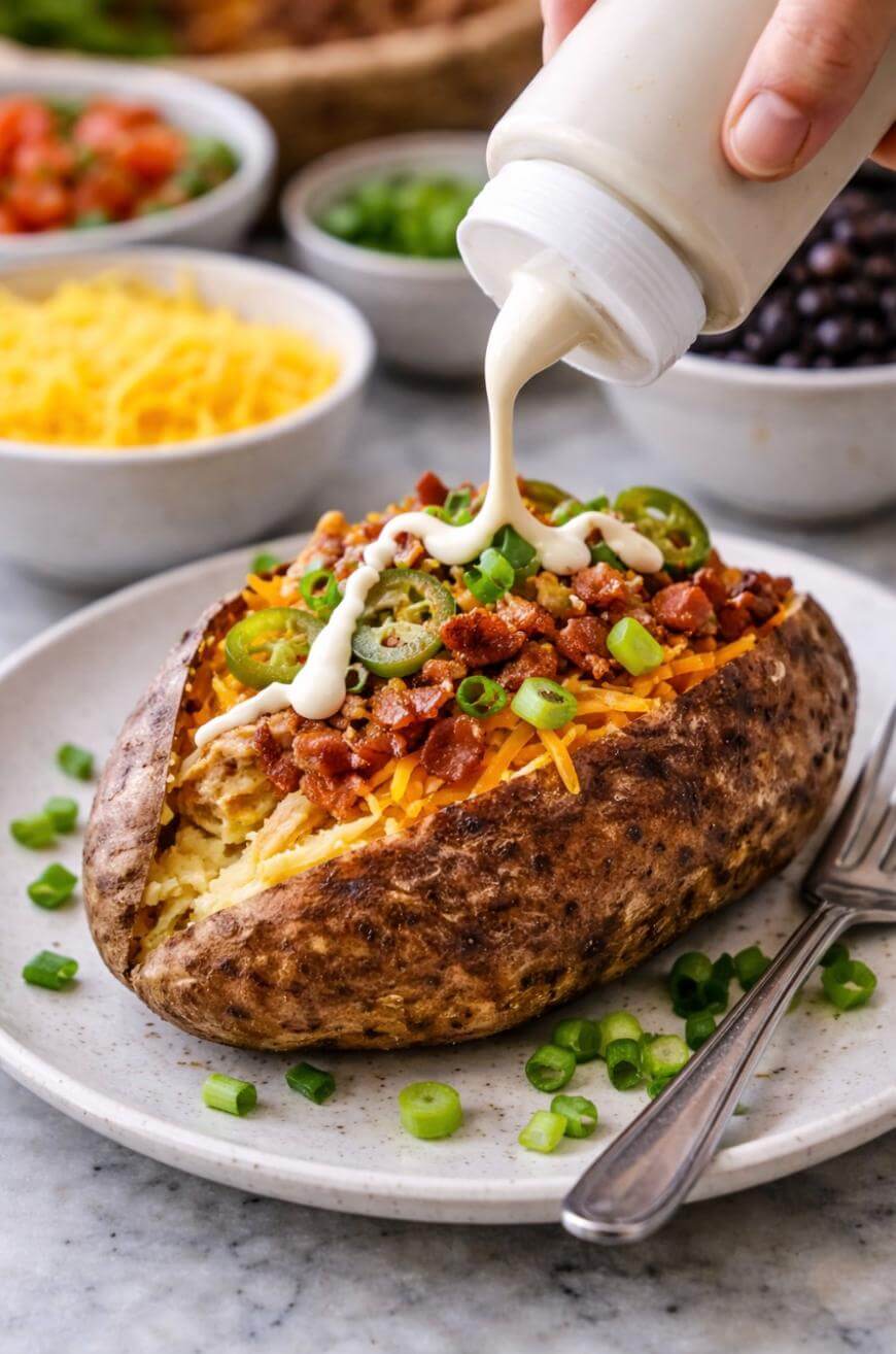 A hand pours creamy white sauce over a baked potato stuffed with shredded cheese, bacon bits, jalapeños, and green onions. The plate has extra green onions, and bowls of ingredients are in the background.