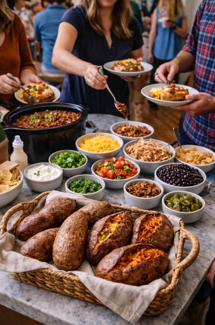 A group of people serve themselves baked potatoes and toppings from a kitchen counter spread with bowls of cheese, beans, salsa, chips, sour cream, olives, green onions, and other ingredients.