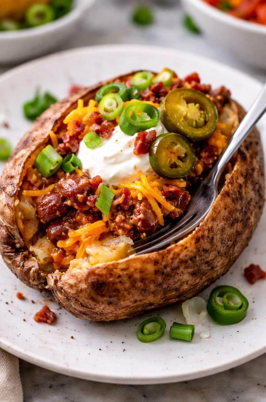 A baked potato topped with sour cream, shredded cheddar cheese, chili, bacon bits, sliced jalapeños, and chopped green onions sits on a white plate with a fork.