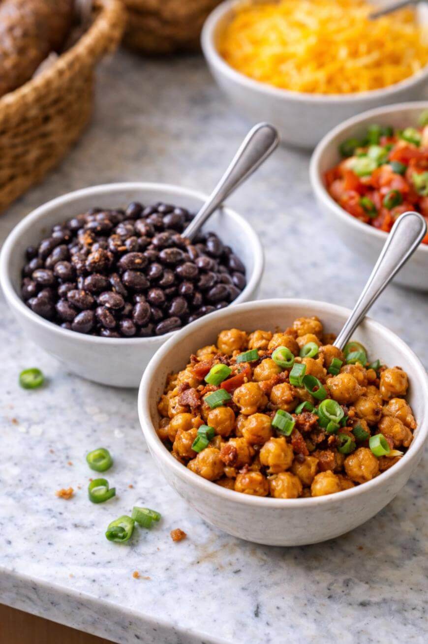 Two bowls on a marble surface, one filled with black beans and the other with seasoned chickpeas topped with chopped green onions. Other bowls with toppings are blurred in the background.