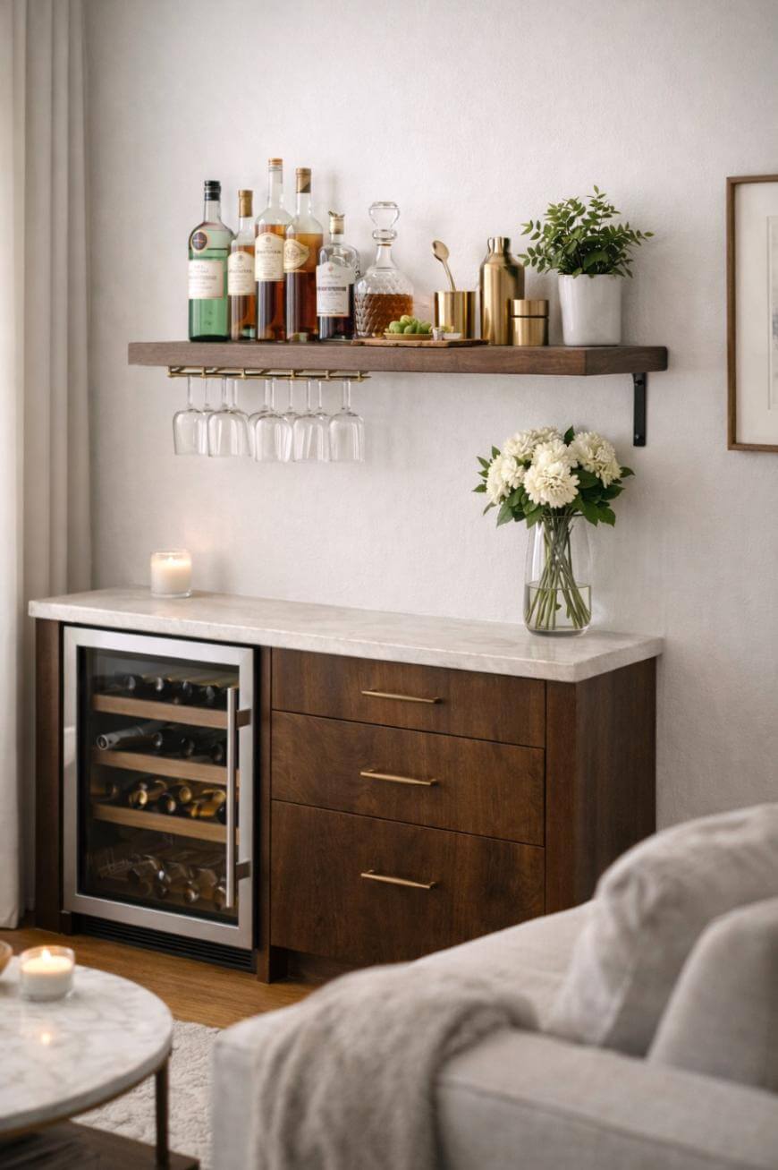 A stylish home bar with a wooden cabinet, a built-in wine fridge, a marble countertop with flowers, a candle, and a shelf above holding liquor bottles, glassware, bar tools, and small plants.