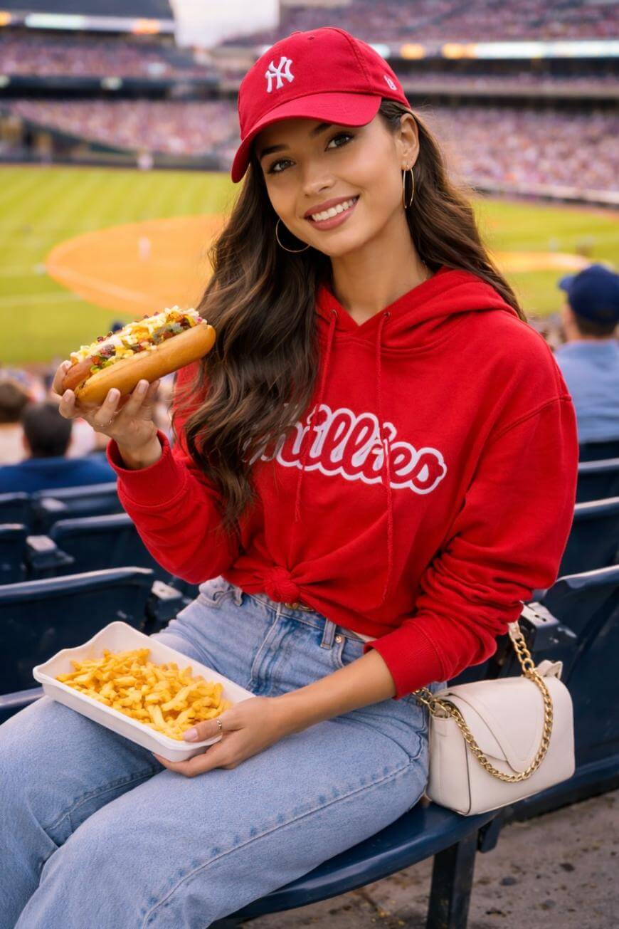 A woman sitting in a stadium eating a hot dog.