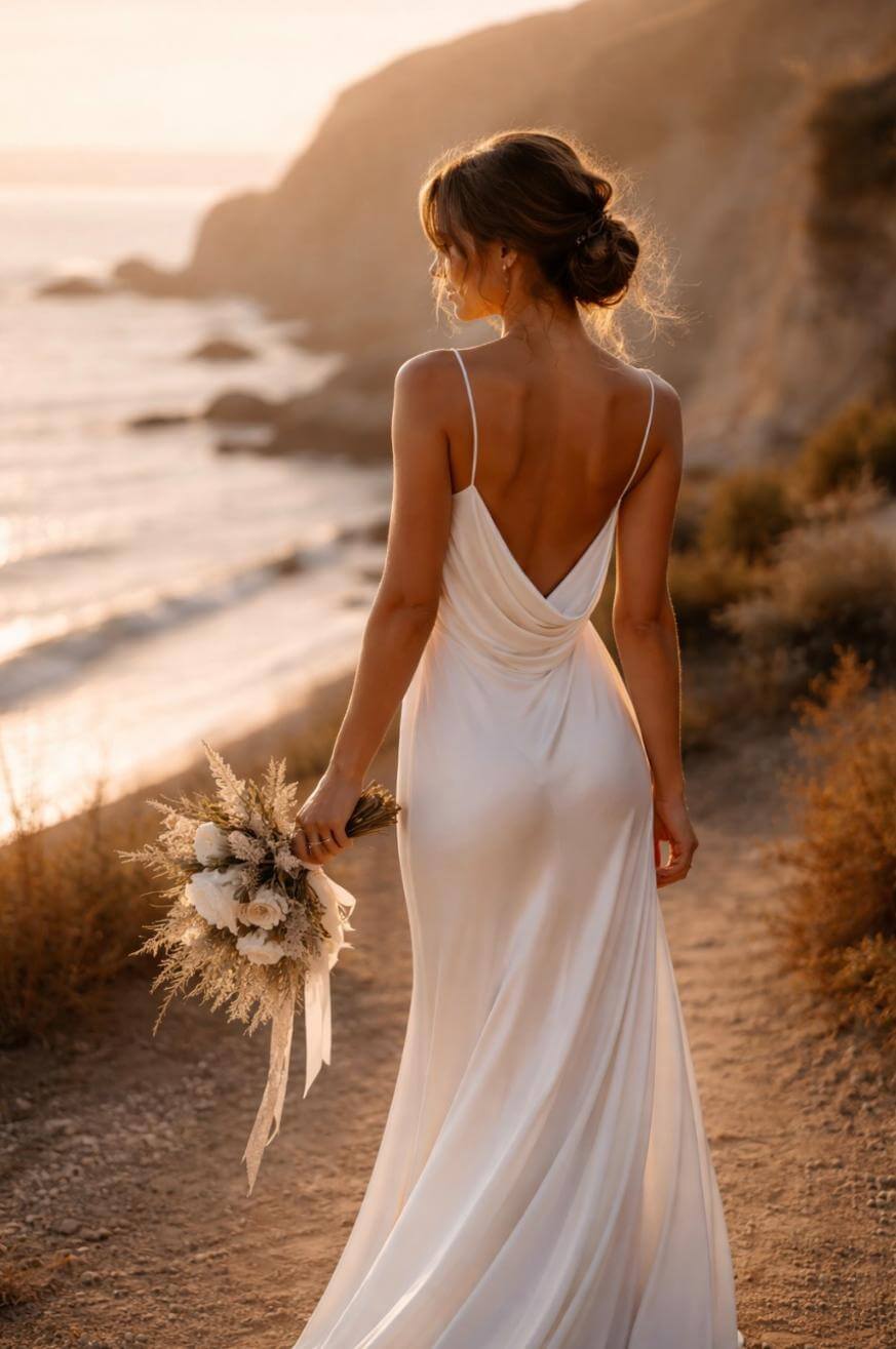 A woman in a silky white backless dress holding a bouquet walks along a coastal path at sunset, with cliffs and the ocean in the background.