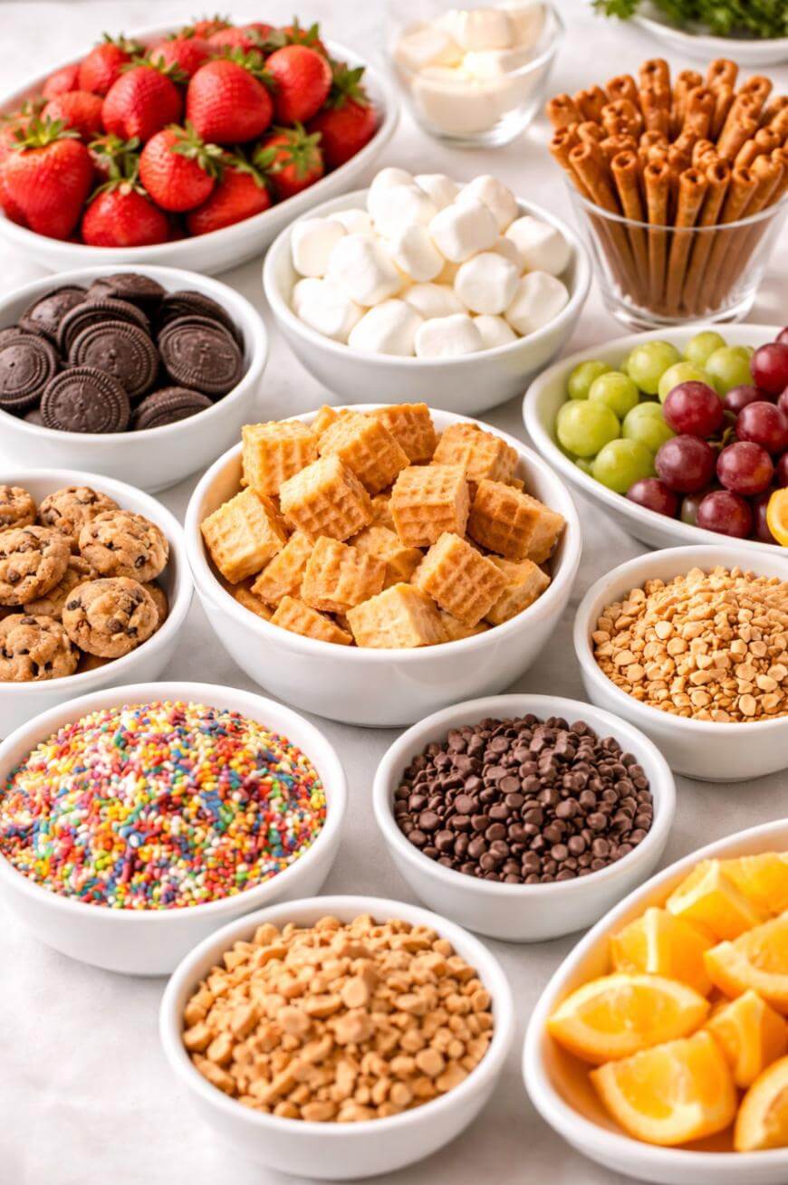 An assortment of snacks and toppings in white bowls, including strawberries, marshmallows, cinnamon sticks, cookies, waffle pieces, grapes, orange slices, sprinkles, chocolate chips, and chopped nuts.