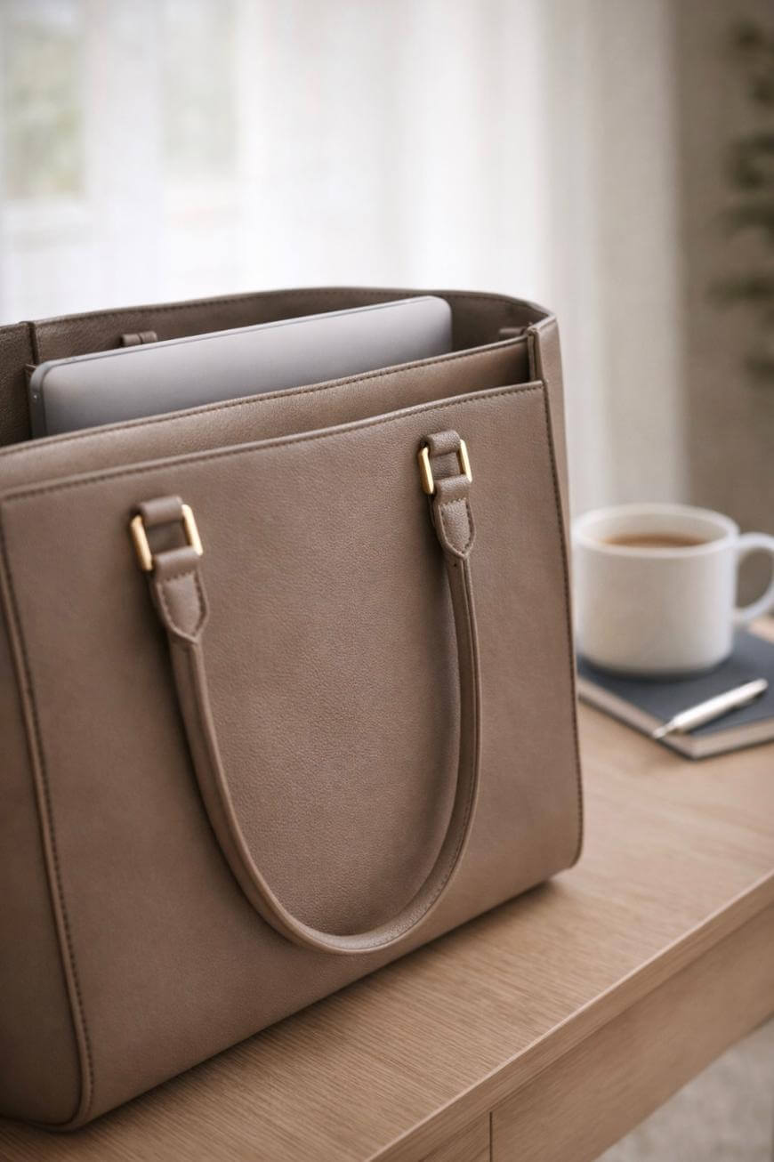 A taupe leather handbag with gold hardware sits on a desk, holding a laptop. Nearby, there is a white coffee cup, a blue notebook, and a pen. Light filters through sheer curtains in the background.