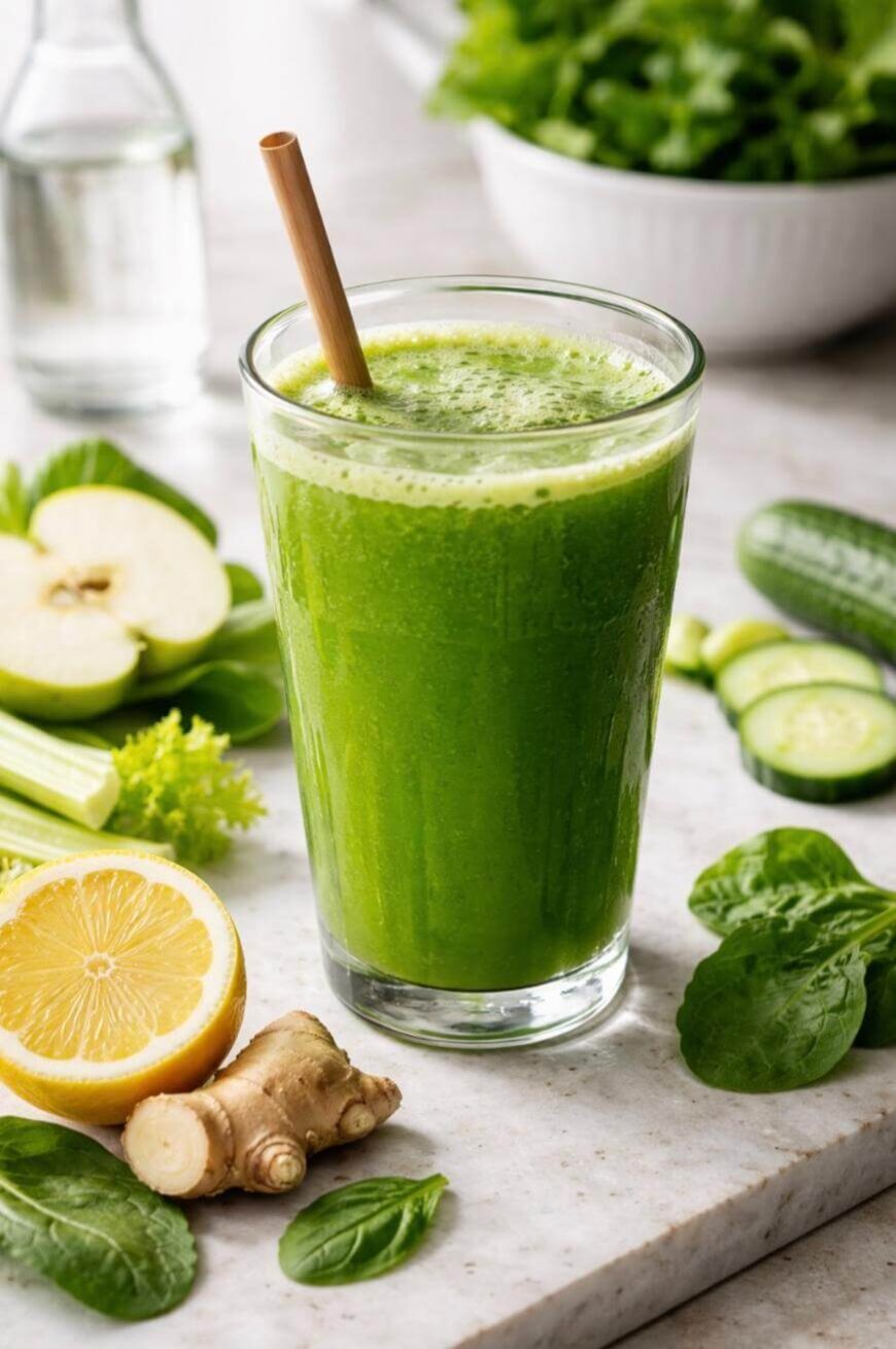 A glass of green juice with a bamboo straw sits on a marble surface, surrounded by spinach leaves, sliced cucumber, celery, green apple, ginger, and a halved lemon. A bowl of greens and a water bottle are in the background.