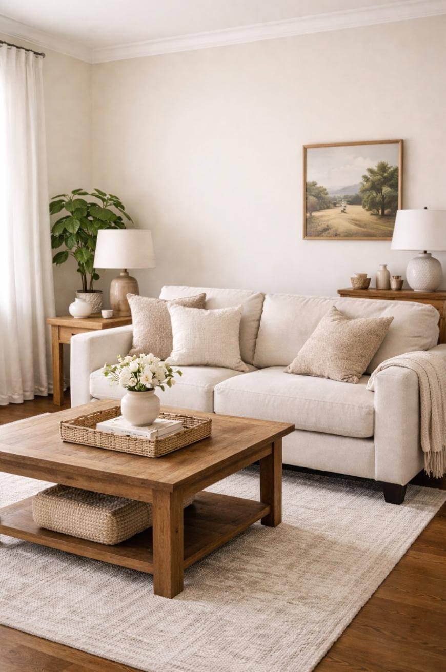 A cozy living room with a beige sofa, neutral pillows, a wooden coffee table with a flower vase, soft rug, table lamps, a potted plant, and a landscape painting on a cream-colored wall. Natural light fills the space.