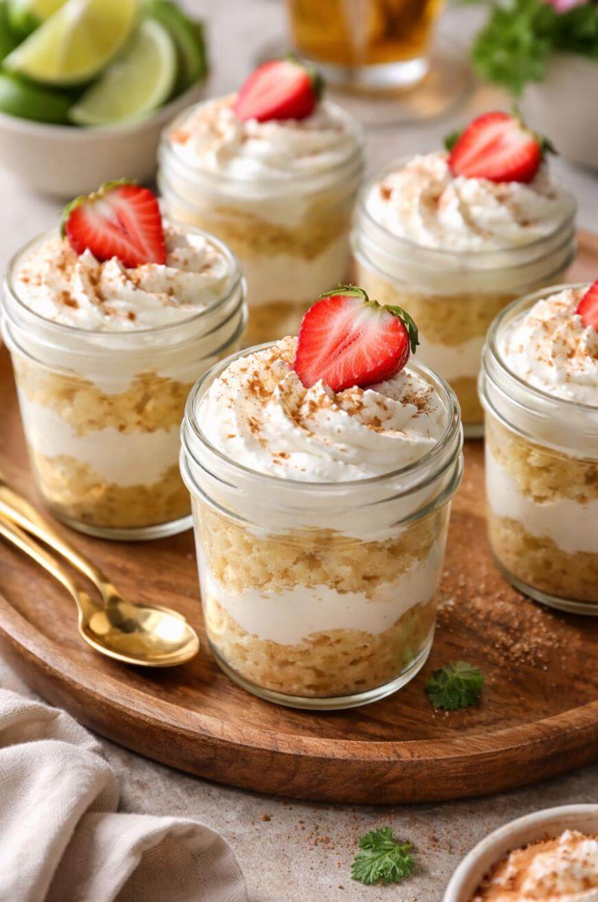 Five glass jars filled with layered cake, cream, and topped with whipped cream and a halved strawberry, arranged on a wooden tray with golden spoons and lime wedges in the background.