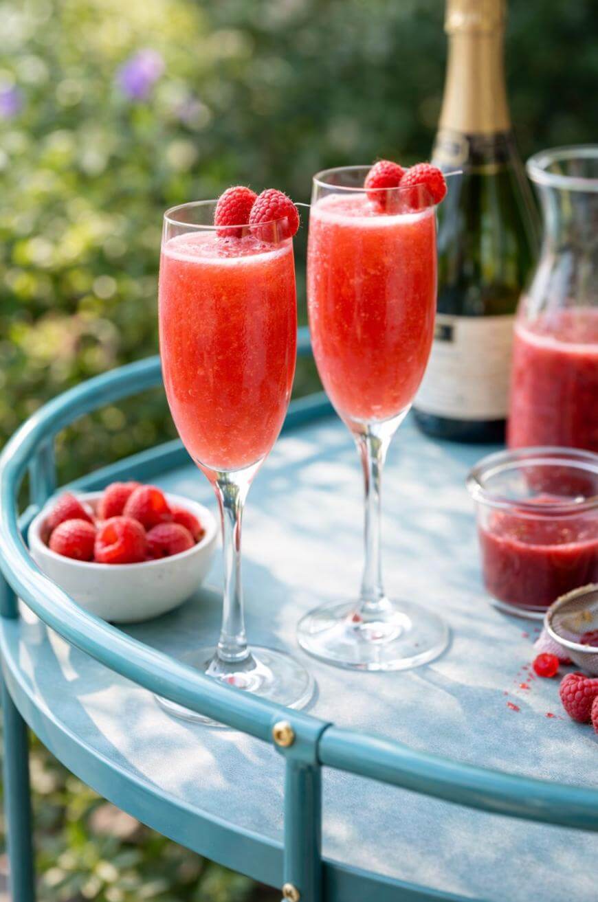 Two champagne flutes filled with a red raspberry cocktail, each garnished with fresh raspberries, sit on a blue table next to a bowl of raspberries, a jar of puree, and a bottle of sparkling wine.