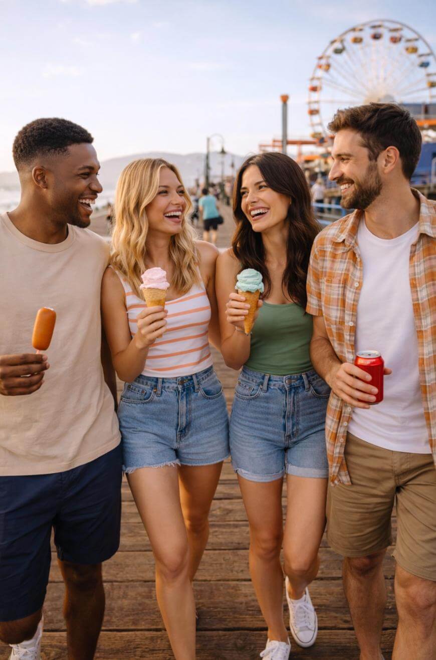 Four friends walk together on a boardwalk, smiling and holding ice cream and drinks. A Ferris wheel and the ocean are visible in the background, suggesting a fun, sunny day at an amusement park or beach.