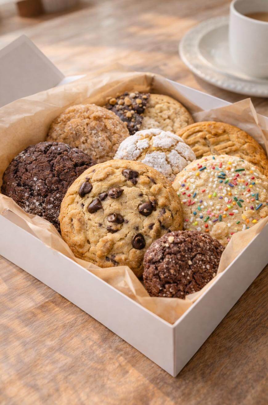 A box of assorted cookies, including chocolate chip, double chocolate, peanut butter, sprinkled, and powdered sugar varieties, sits on a wooden table near a cup and saucer.